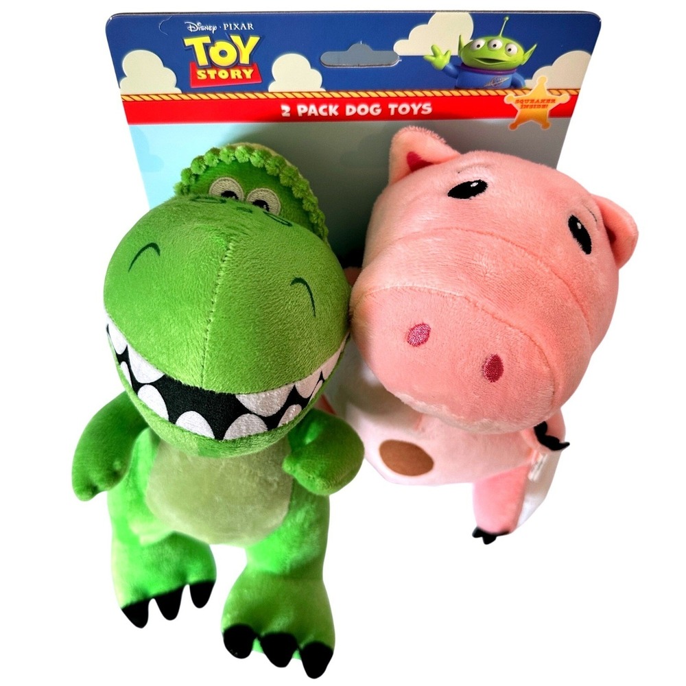 Disney Pixar Toy Story Dog Toys 2 Pack Rex Hamm Plush Squeaker New Green Pink